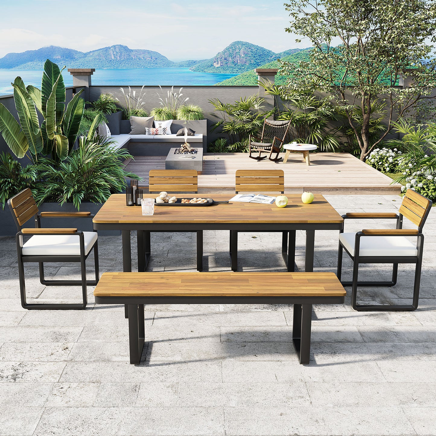 6-Piece Outdoor Dining Set, Acacia Wood, 1 Table with 4 Chairs & 1 Bench for 6-7 Person, Comfortable Cushions on Chairs,