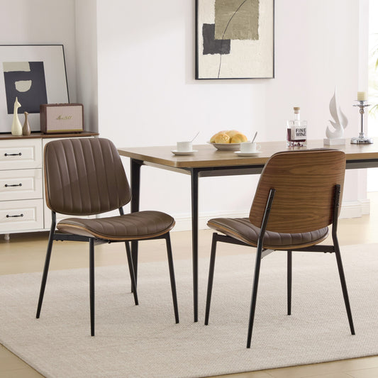 Dining Chairs Set of 2 Brown PU Leather Mid-Century Modern for Dining Room or Kitchen Seating
