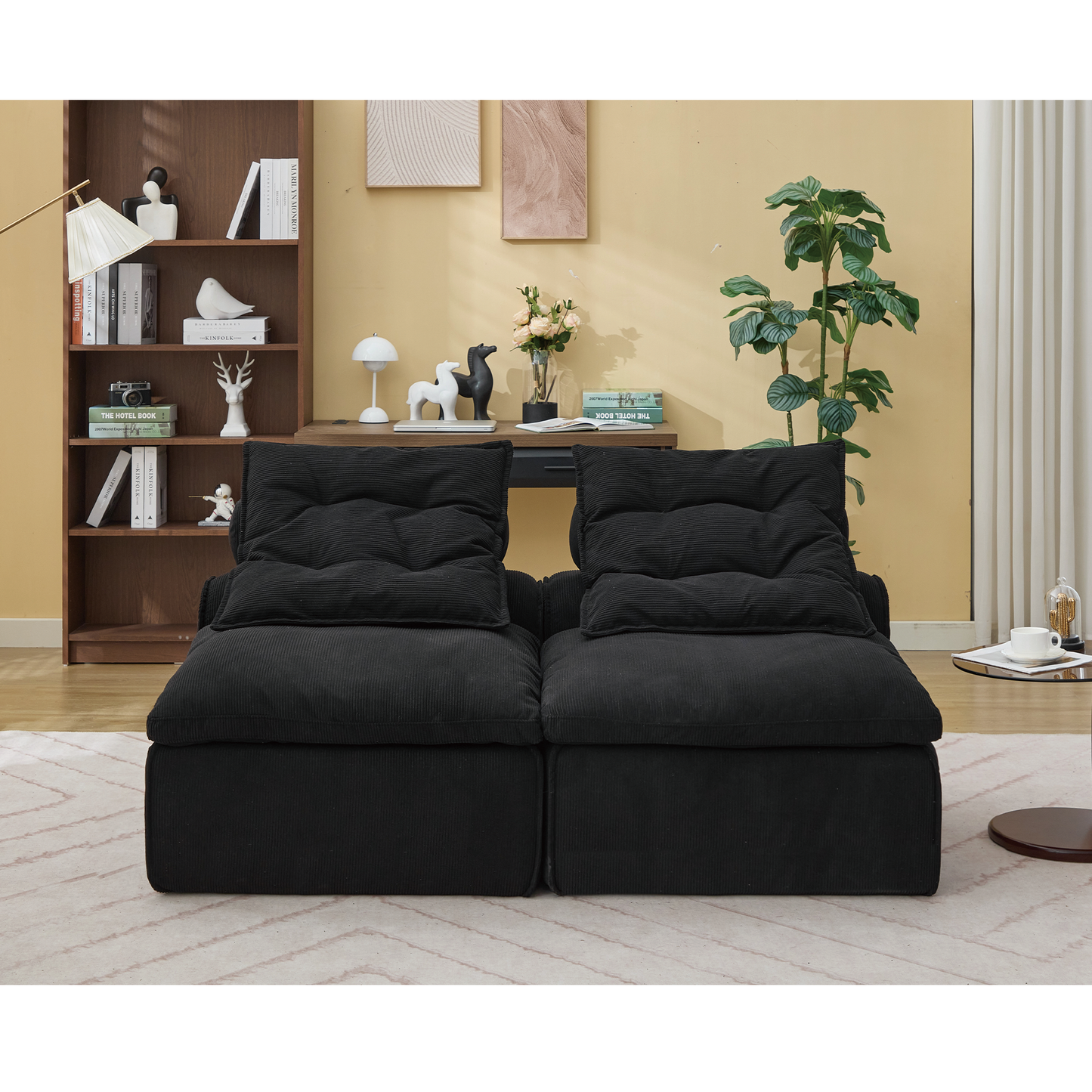 Modular Sofa,No Armrests,At will DIY,Soft Corduroy Fabric,Neck Pillow-Back Lounge Sofa Chair,Reading Nook, or Apartment Living, Lumbar Pillow,2 Seats,Upholstered,Black