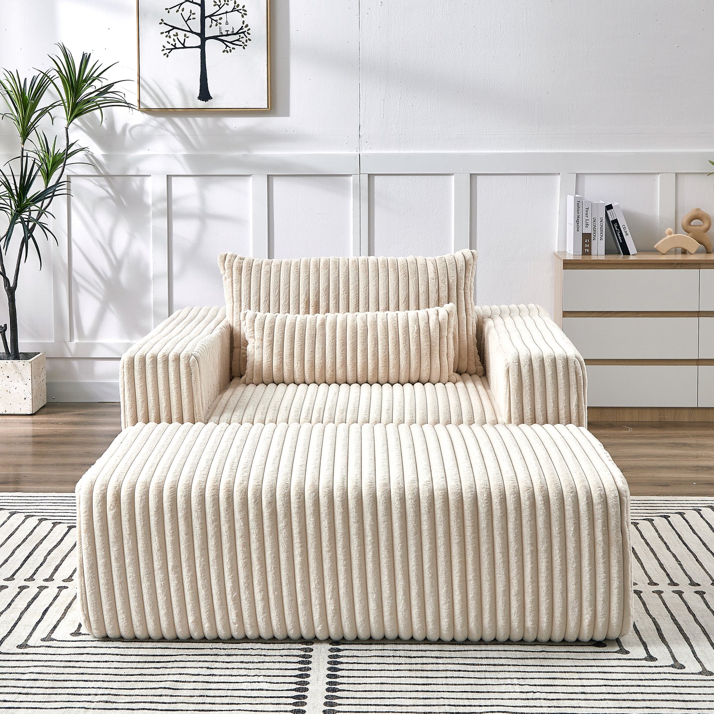 75-Inch Corduroy Sponge Sofa Lounge Chair with Removable footrest,No Assembly Required,Fluffy Modern Sleeper Chair for Indoor Living Room Bedroom