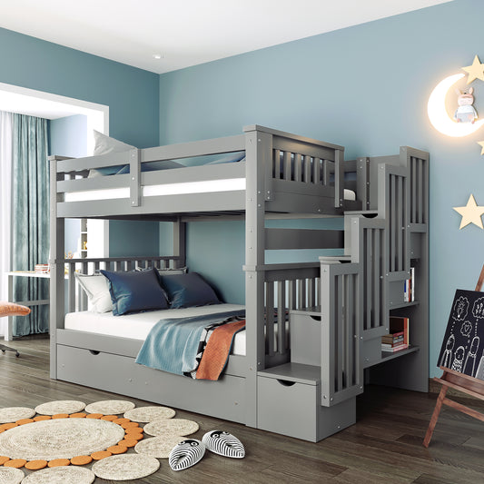 Bunk Bed, Full Over Full, Solid Wood with Six Storage Drawers and Shelves for Shared Bedroom or Guest Room