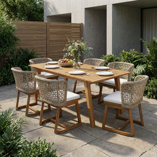 69" Acacia Wood Outdoor Dining Set for 6 – 7-Piece Patio Furniture Set with Wicker Back Chairs, Beige Cushions & Teak Finish for Garden and Backyard