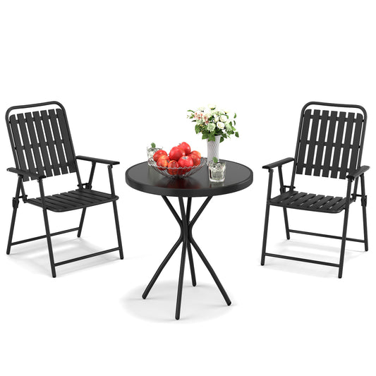 3-Piece Foldable Patio Furniture Set with 2 Metal Chairs and Tempered Glass Table
