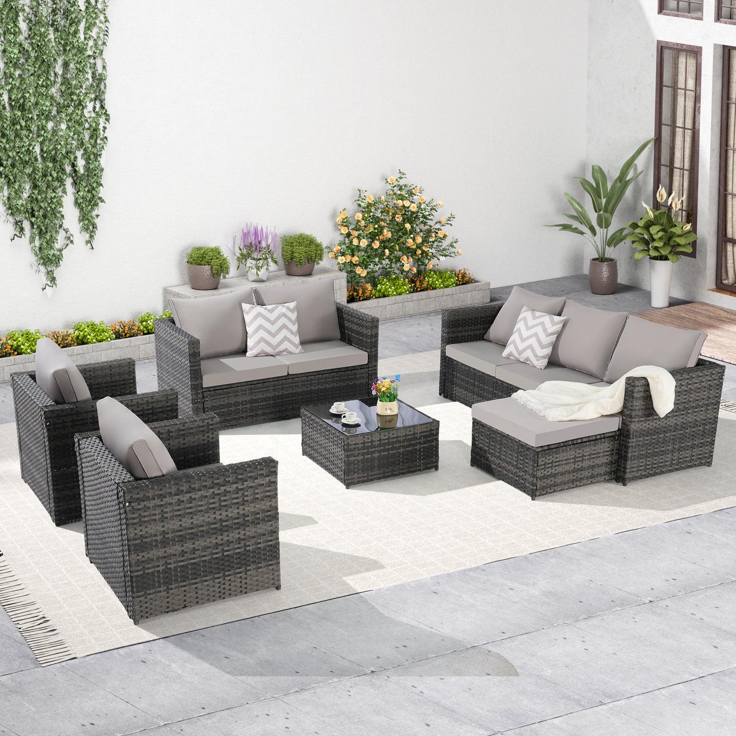 6 Piece Outdoor Patio Sectional Sofa Set – All Weather Wicker Rattan Conversation Set with Glass Table