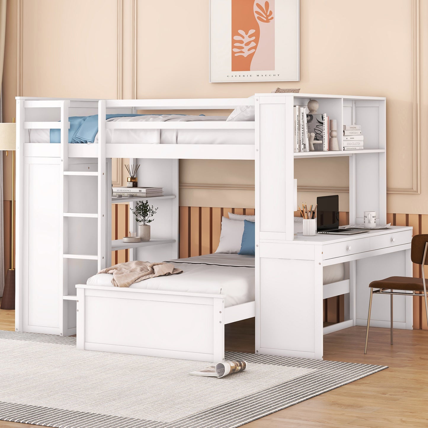 Full size Loft Bed with a twin size Stand-alone bed, Shelves, Desk, and Wardrobe