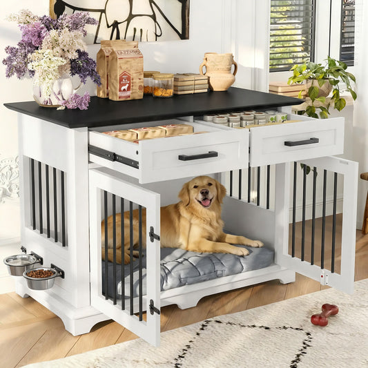 44.48" Wooden Dog Crate Furniture with Storage Drawers and Rotating Bowls – Indoor Pet Kennel End Table for Medium Dogs