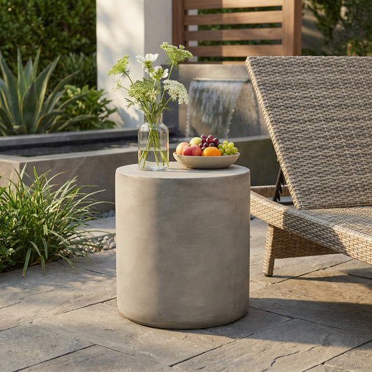 Outdoor Lightweight Concrete Side Table – Light Gray MGO End Table with Modern Cylindrical Design for Patio, Garden & Balcony