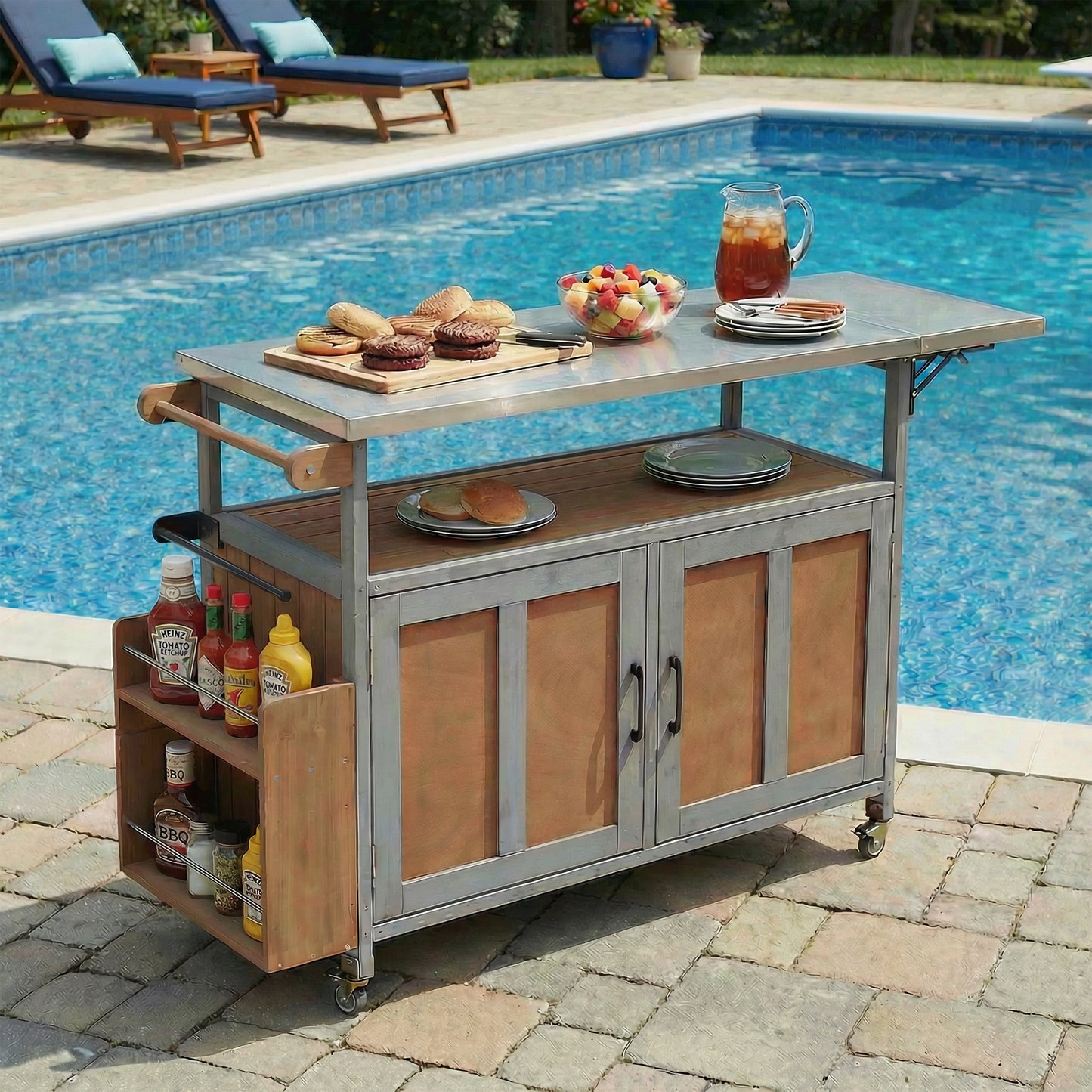 Foldable Outdoor Kitchen Island Patio Mobile Kitchen Cart Portable Outdoor Cooking Island with Lockable Wheels