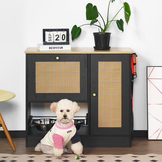 Dog Feeding Station Black+Vintage Particle Board with Storage and Drawer Storage for Pet-Friendly Home Organization