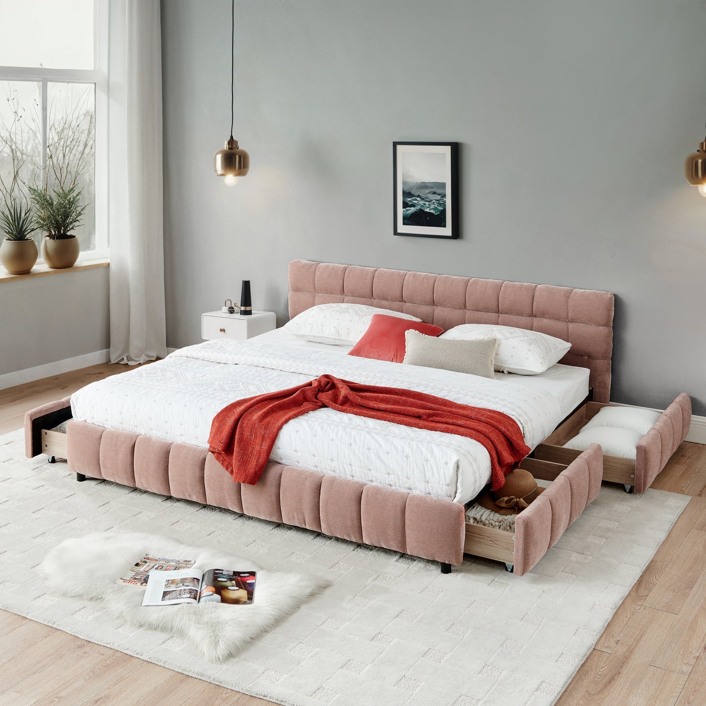 California King size Upholstered Bed ,comfortable upholstered bed frame, Chenille fabric, with headboard and solid bed f