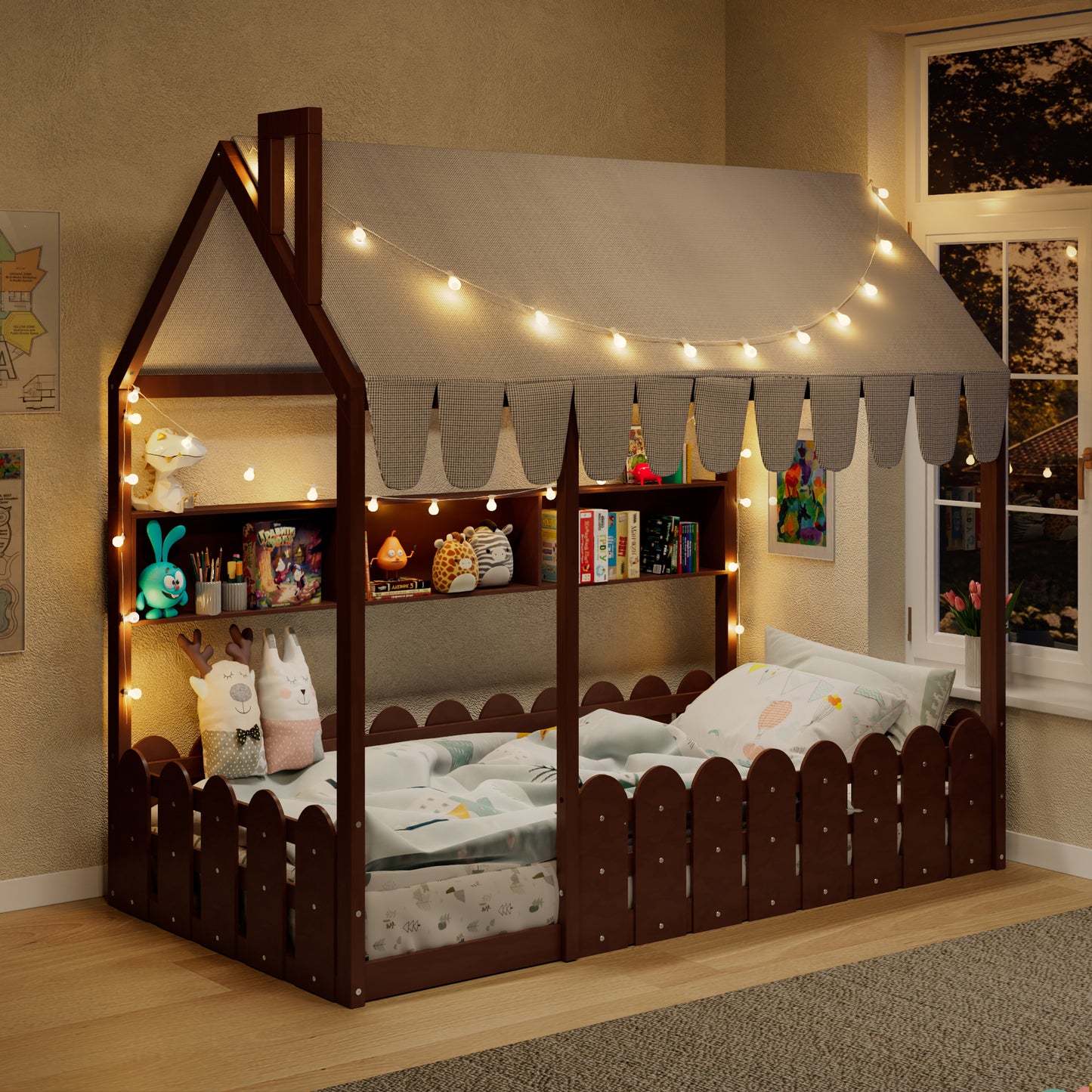 Slats are not included} Twin Size Montessori House Bed for Kids, Floor Bed with Fence Railings, Tent, Lights & 3 Storage