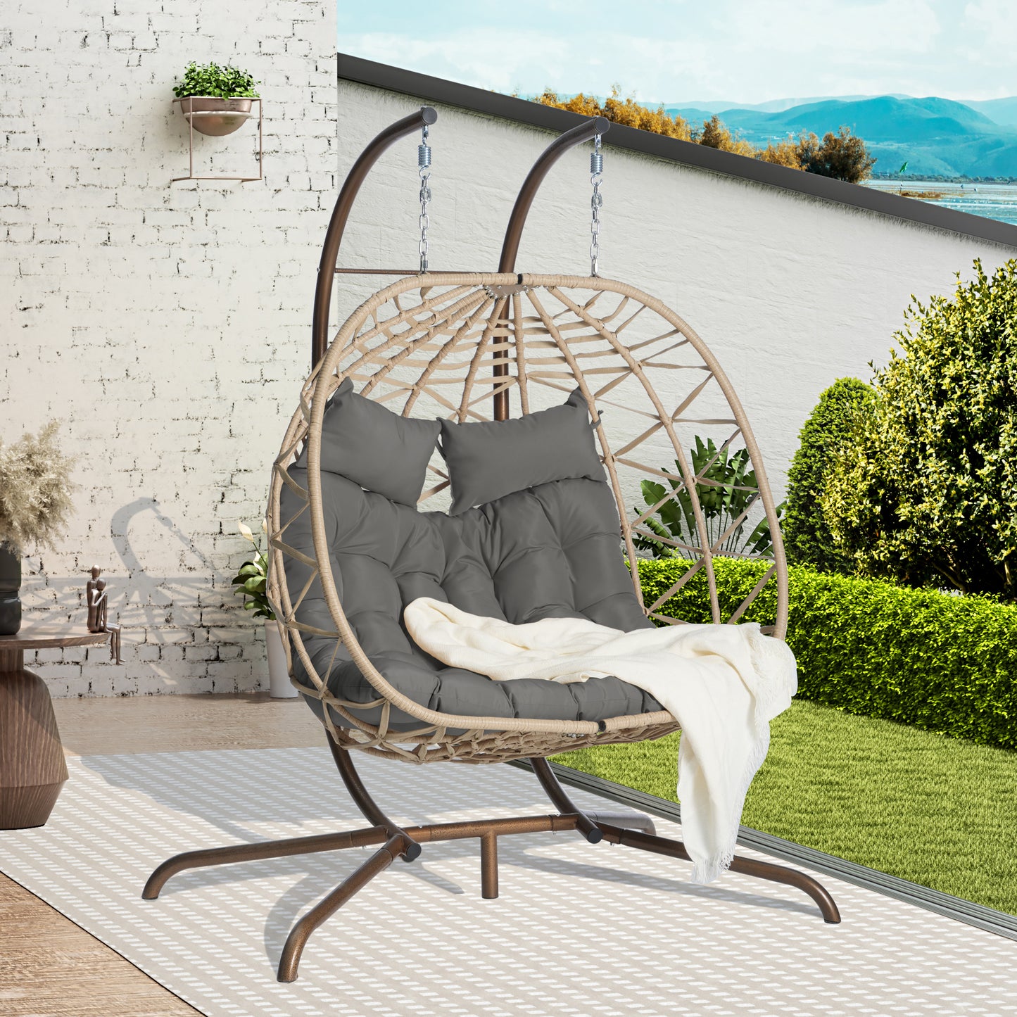 Double Egg Hanging Chair with Stand – 2 Person Wicker Swing Chair with Cushion, Outdoor Patio Hammock Chair