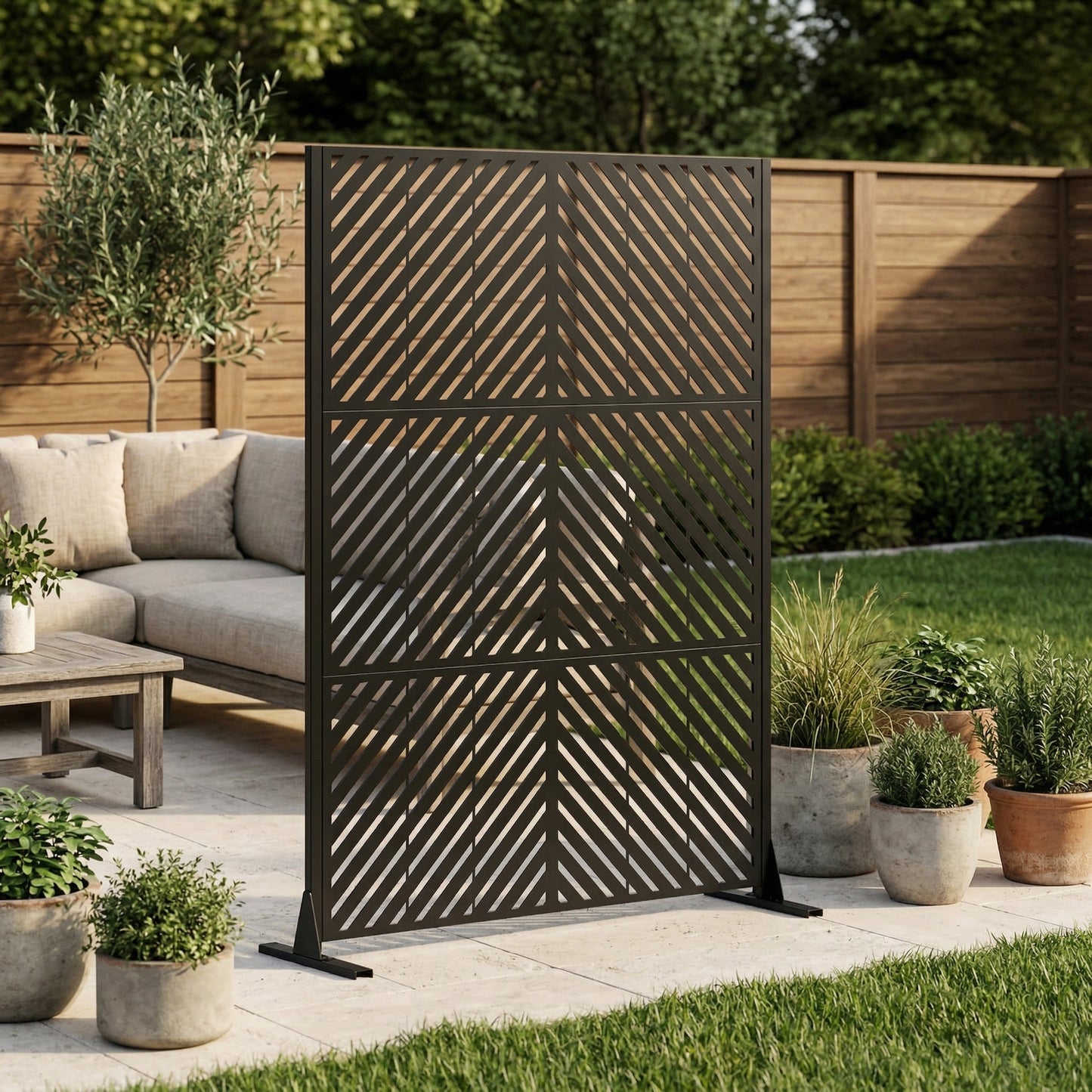 Metal Privacy Screen for Outdoor Freestanding, Decorative Metal Fence Panels with Stable Base, Portable Divider
