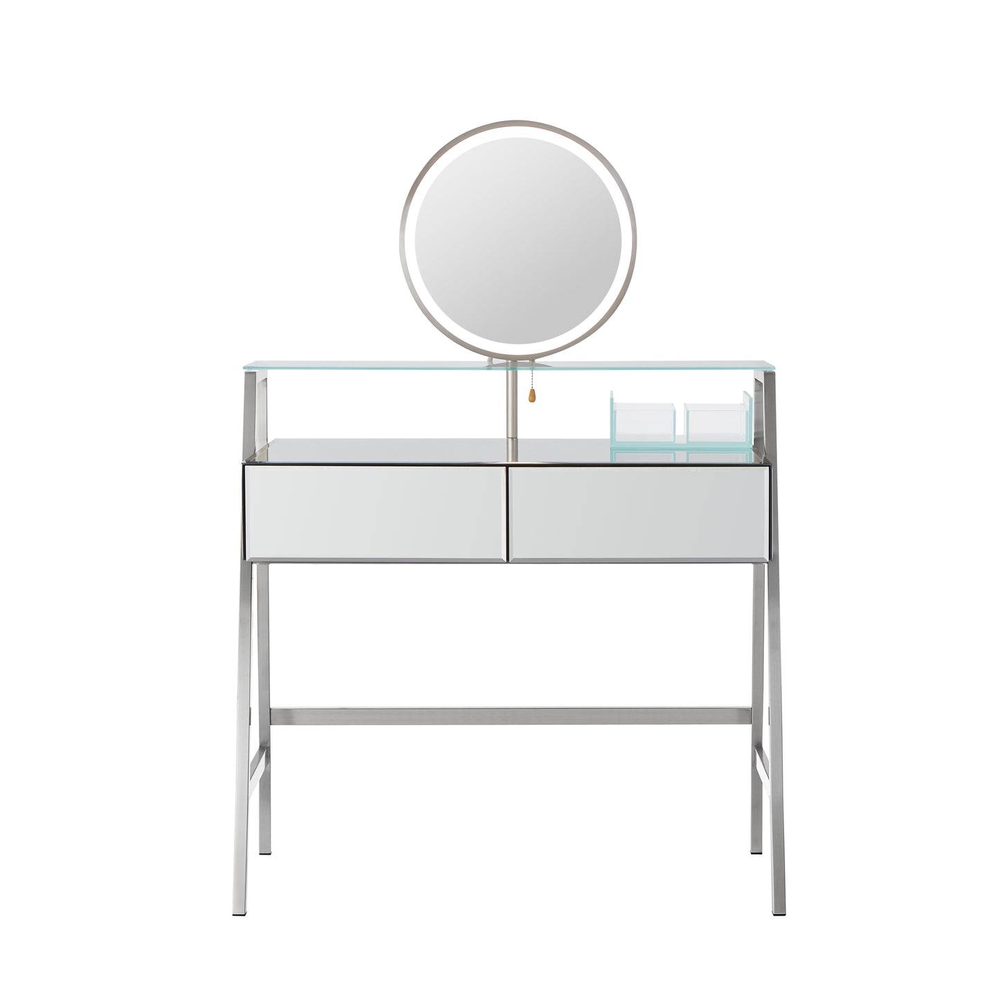 33.9" Mirrored Makeup Vanity Desk with Mirror and Lights, Mirrored Console Vanity Table with 2 Big Drawers & Open Shelf, Dressing Table with Charging Station for Bedroom, Silver