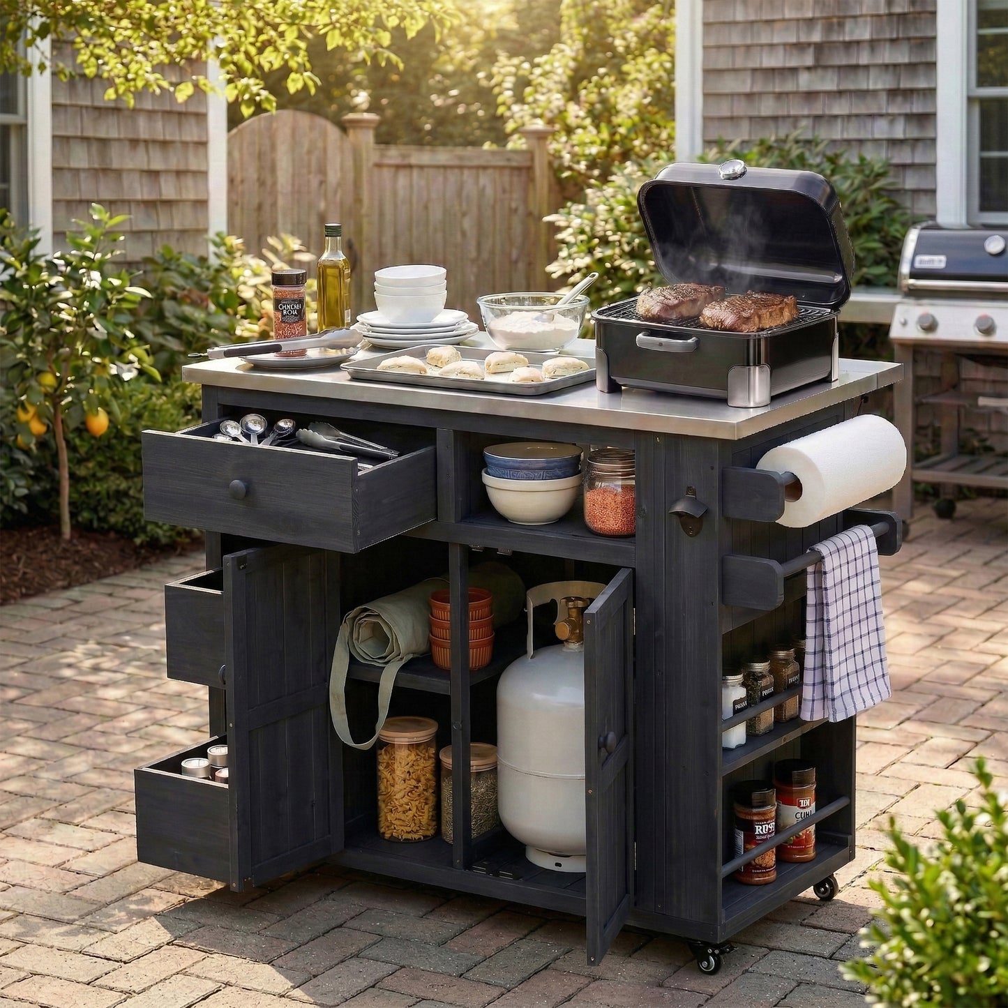 Outdoor Solid Wood Extendable 19.3''/28'' Kitchen Island, Stainless Steel Top Grill Table with Side Spice Rack, Kitchen