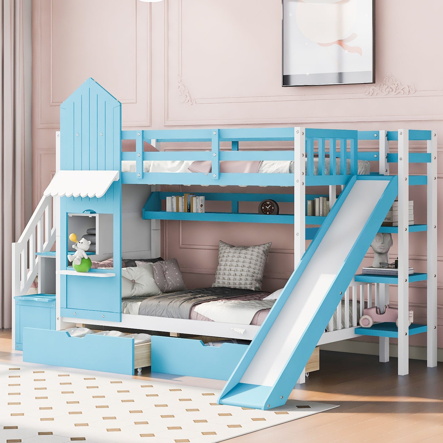 Twin-Over-Twin Castle Style Bunk Bed with 2 Drawers 3 Shelves
