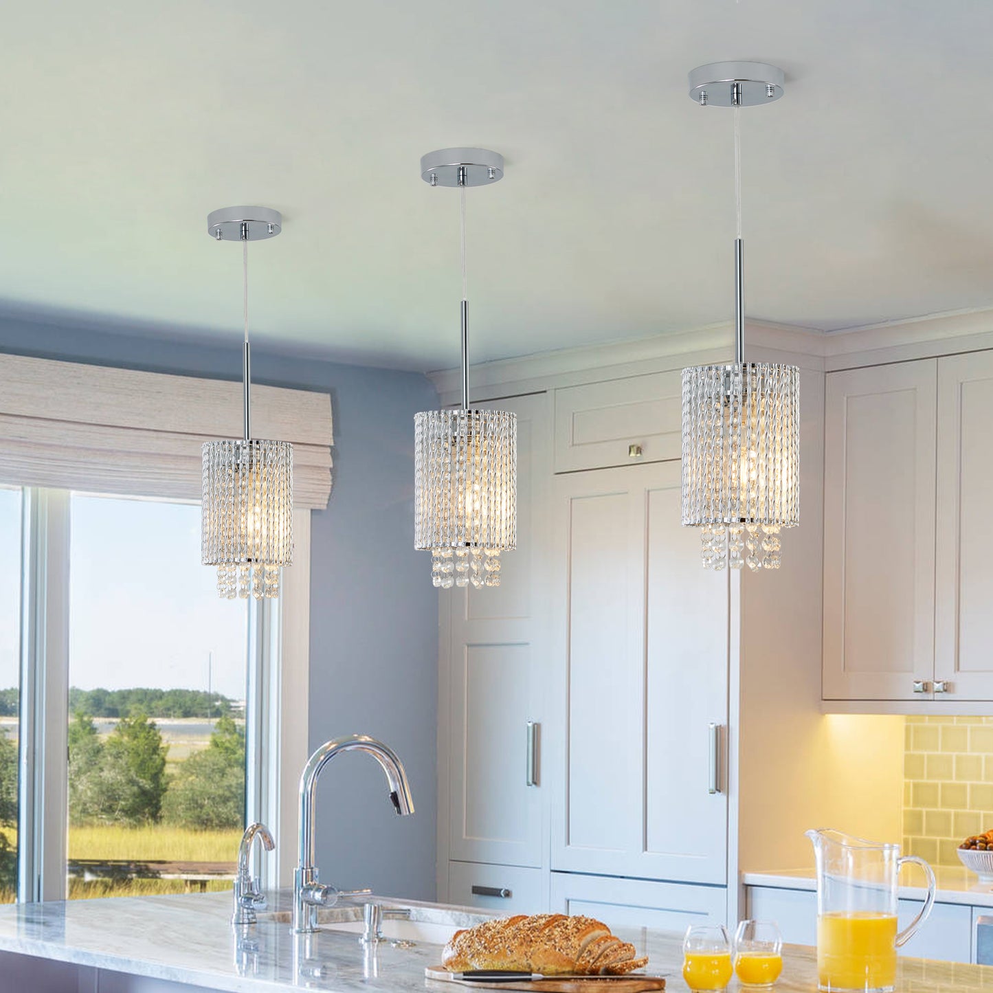 Modern Crystal Pendant Light 3-Pack Adjustable Chrome Hanging Ceiling Fixture with Clear Beads, Elegant Design for Kitchen Island, Dining Room, or Living Room (No Bulbs)