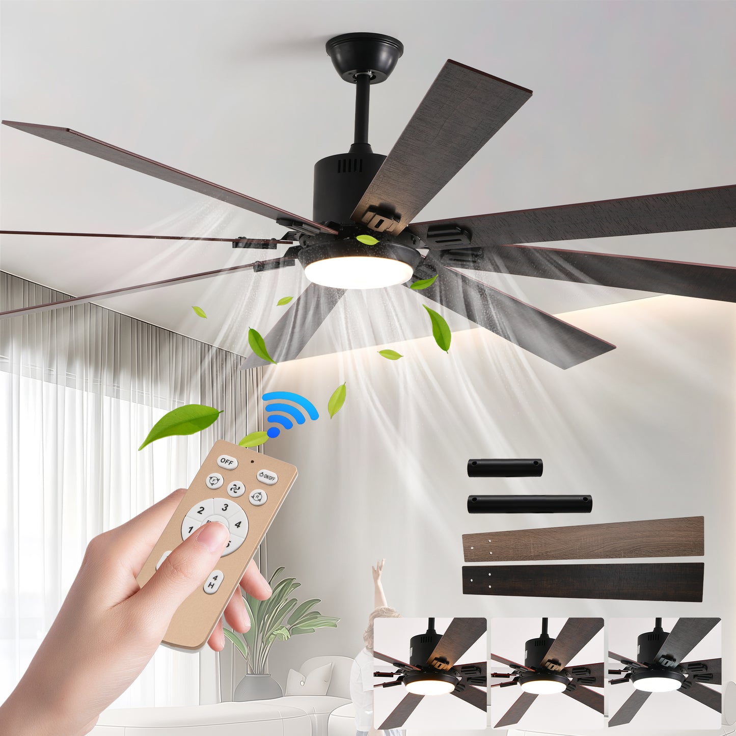 LED Ceiling Fan with Light and Remote Control, Modern Quiet Design (Silent/6-Speed