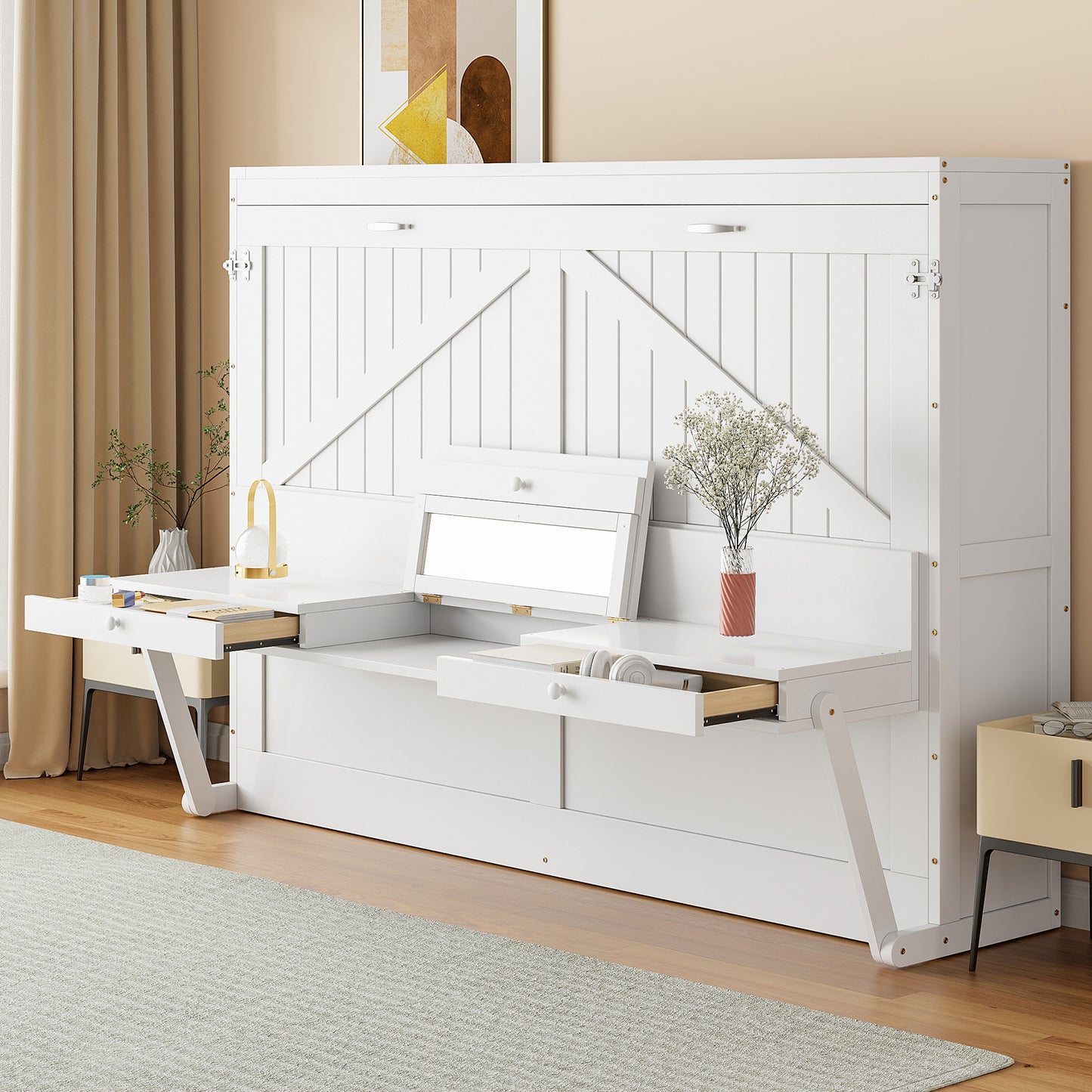 Queen Size Wall Murphy Bed with Storage, Foldable Cabinet Bed with Vanity Desk, Center Mirror &