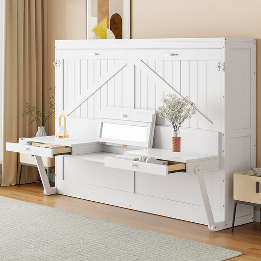 Murphy Wall Bed, Queen Size, Solid Wood and MDF with Cabinets, Vanity Desk, and Center Mirror for Bedroom or Home Office
