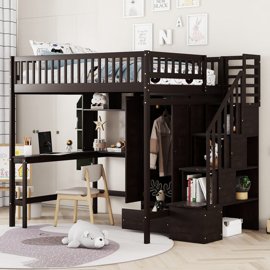 Loft Bed Full Espresso Solid Wood with Drawers and Wardrobe for Bedroom and Guest Room