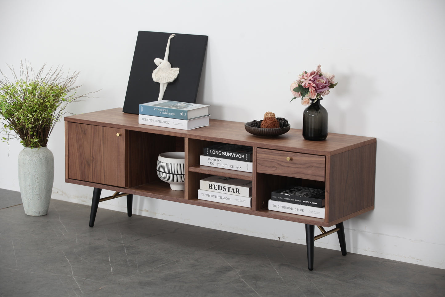 Mid-Century Modern Low Profile Media Console TV Stand, Walnut
