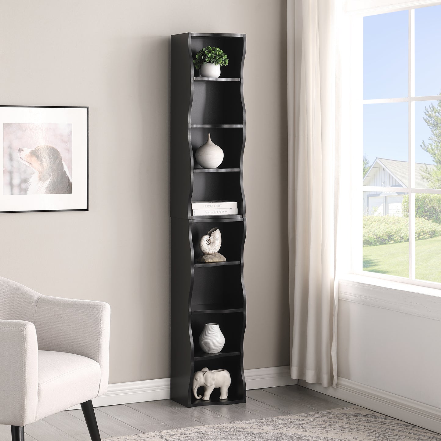 8-Layer Adjustable Ultra-Thin Bookshelf with Wavy Border Design