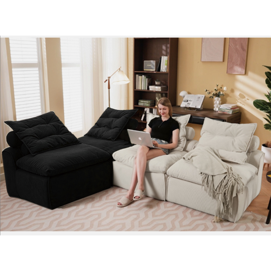 Modular Sofa,No Armrests,At will DIY,Corduroy ,Neck Pillow-Back Lounge Sofa Chair,Reading Nook, or Apartment Living, Lumbar Pillow,4 Seats,Upholstered,Beige,Black
