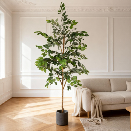 6-Foot Artificial Ficus Tree with Natural Trunk and Black Plastic Pot