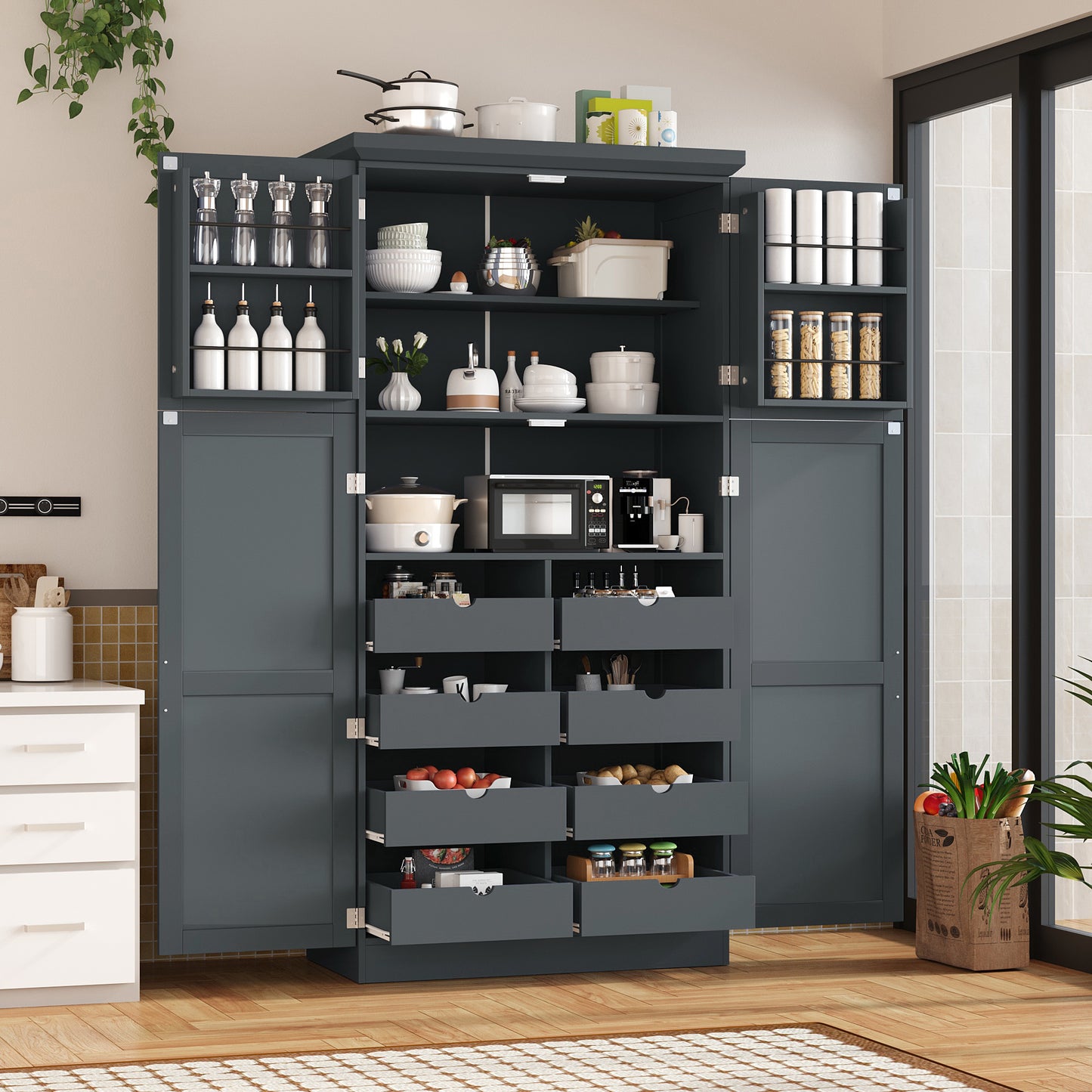 35.5x17.6x70.9inch Freestanding Kitchen Pantry Cabinet, Tall Storage Cabinet with 4 Doors, 2 Door Shelves, 8 Pull-out Tr