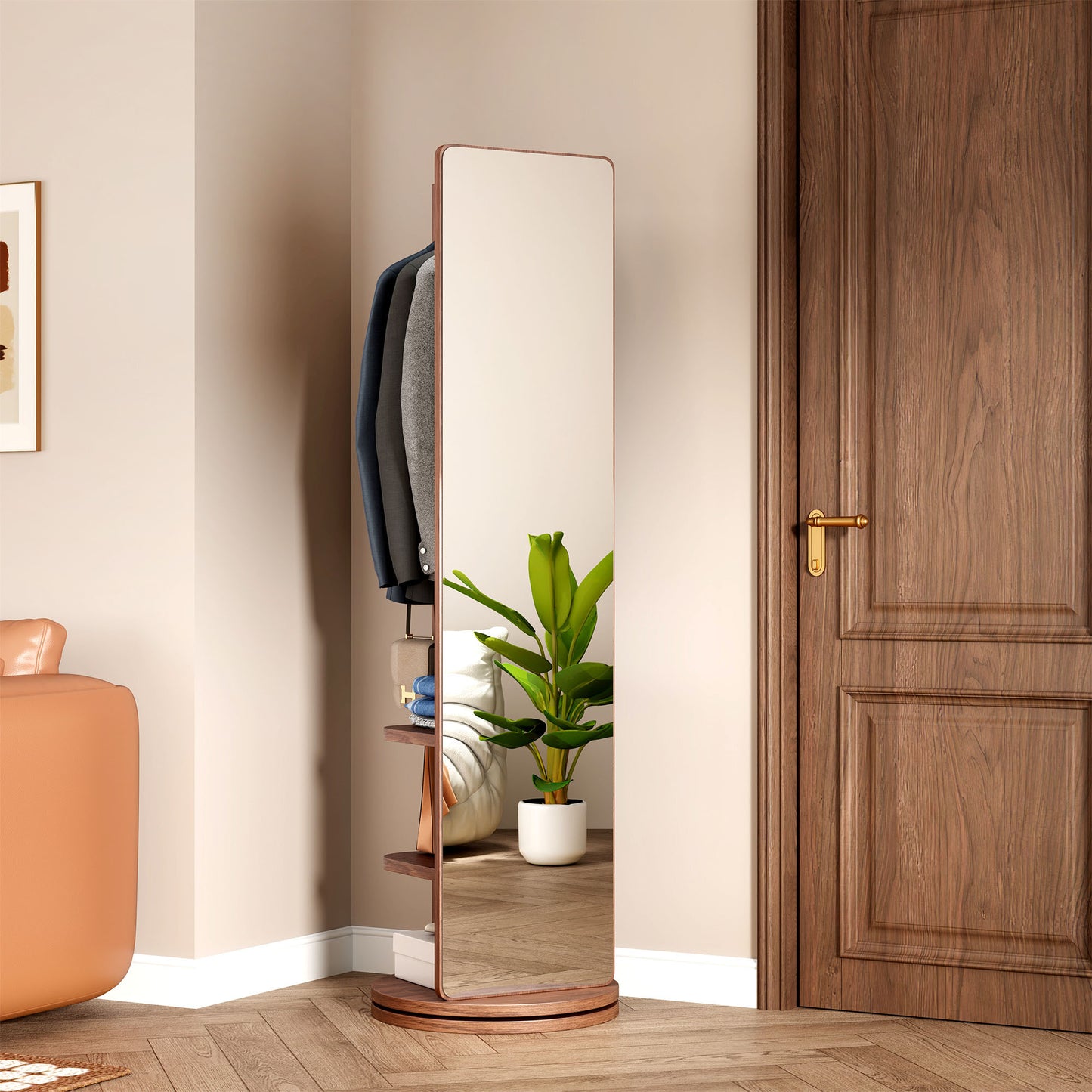 360° Rotating Full Length Mirror – 69"x16" Standing Mirror with Storage, Hooks & Solid Wood Frame