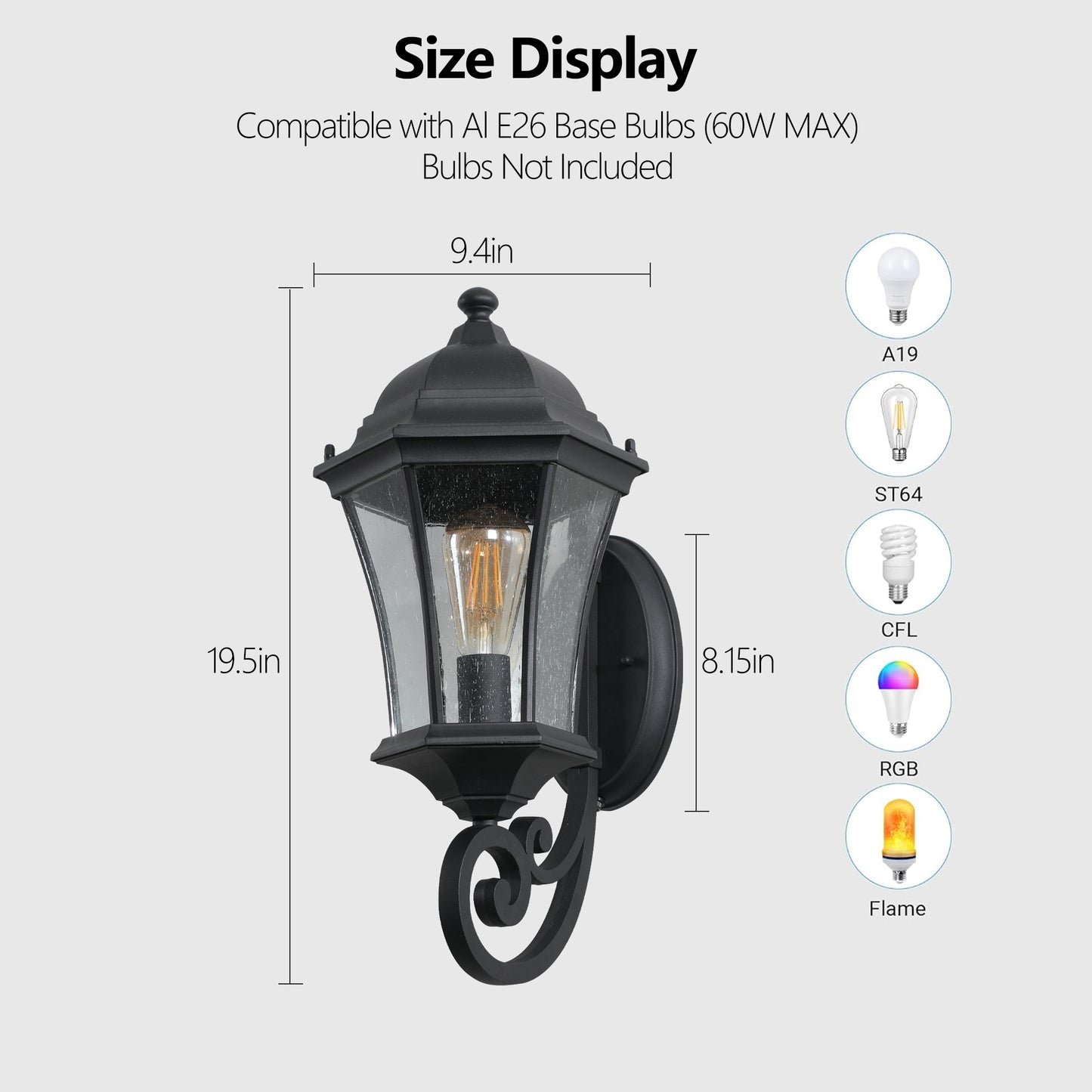 Outdoor Waterproof Glass Retro Wall Lamp Supports multiple types of light bulbs (2 pack) with light sense