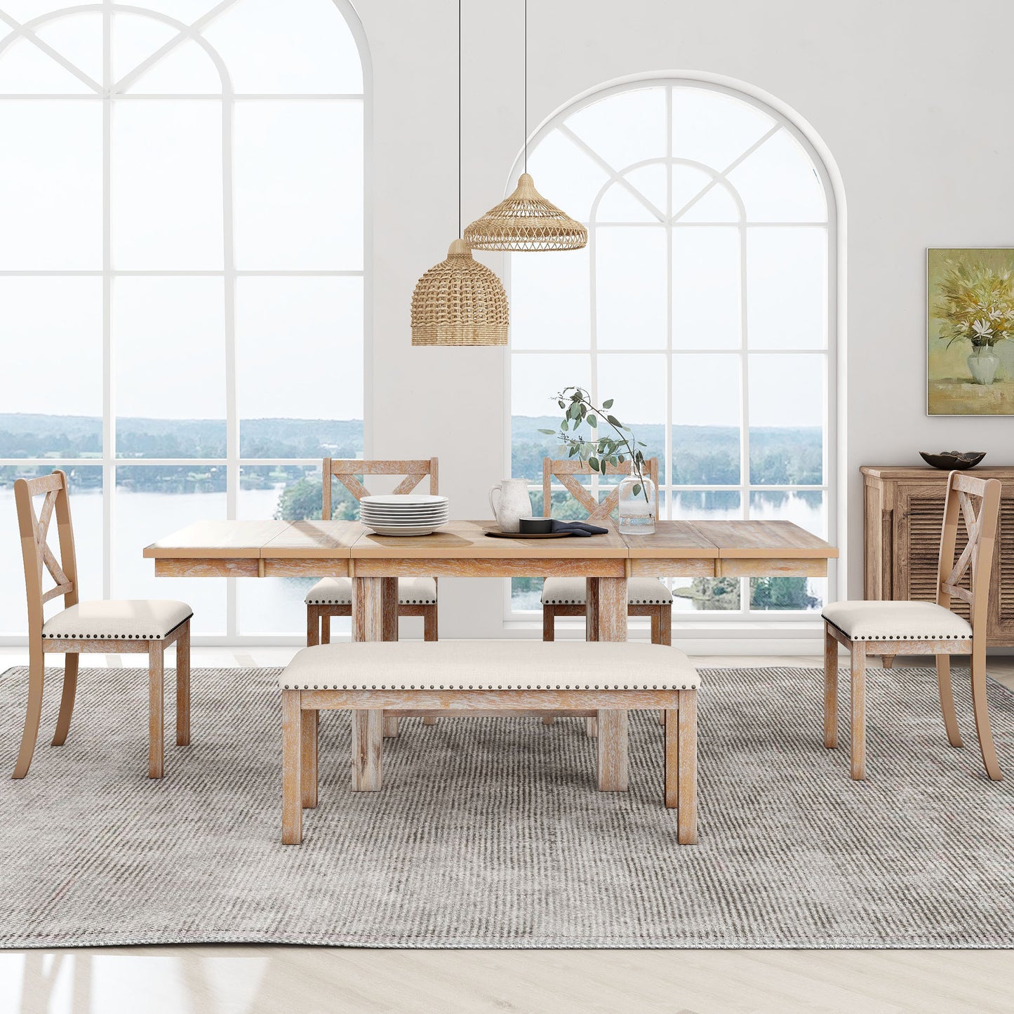 Farmhouse 82inch 6-Piece Extendable Dining Table with Footrest, 4 Upholstered Dining Chairs and Dining Bench, Two 11'Rem