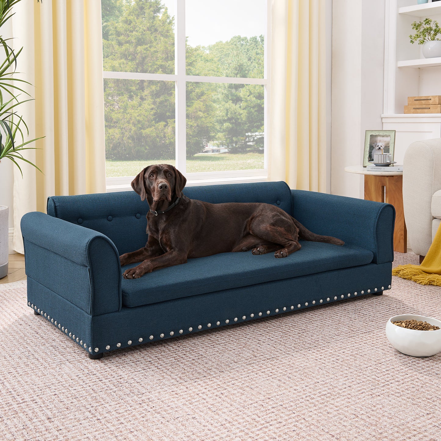 Elegant Modern Linen Fabric Elevated Dog Sofa Bed with Backrest & Armrest for Large Dogs