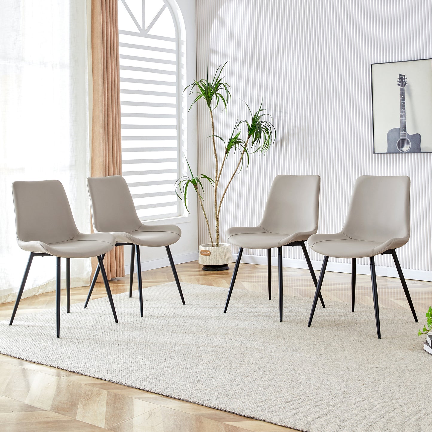 Modern Dining Chairs Set – Upholstered Chairs with Curved Widened Cushion & Black Metal Legs