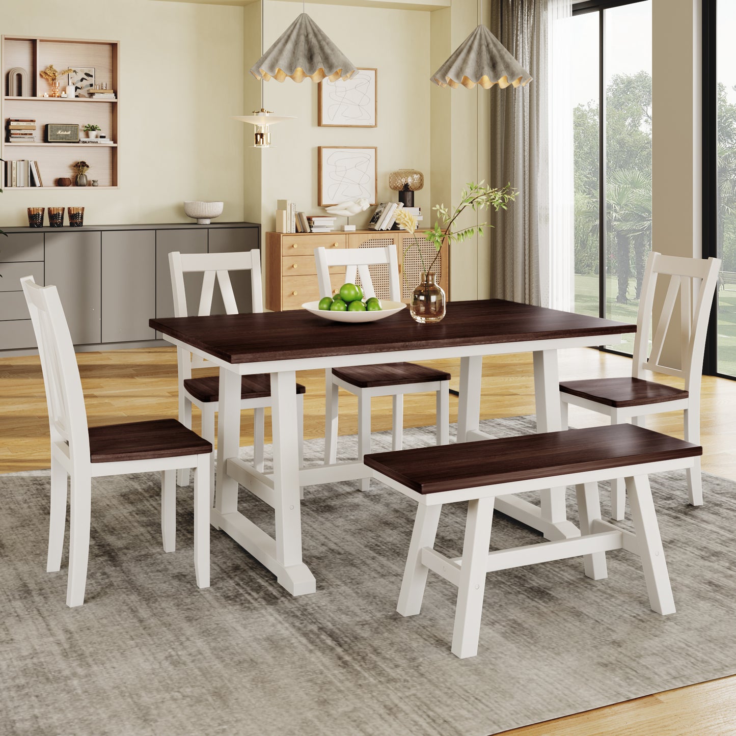 6-Piece Wood Dining Table Set with Long Bench and 4 Dining Chairs, Farmhouse Style