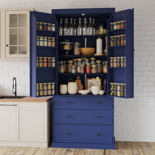 Kitchen Pantry Cabinet Farmhouse MDF Blue with Adjustable Shelves and Storage for Kitchen or Dining Storage