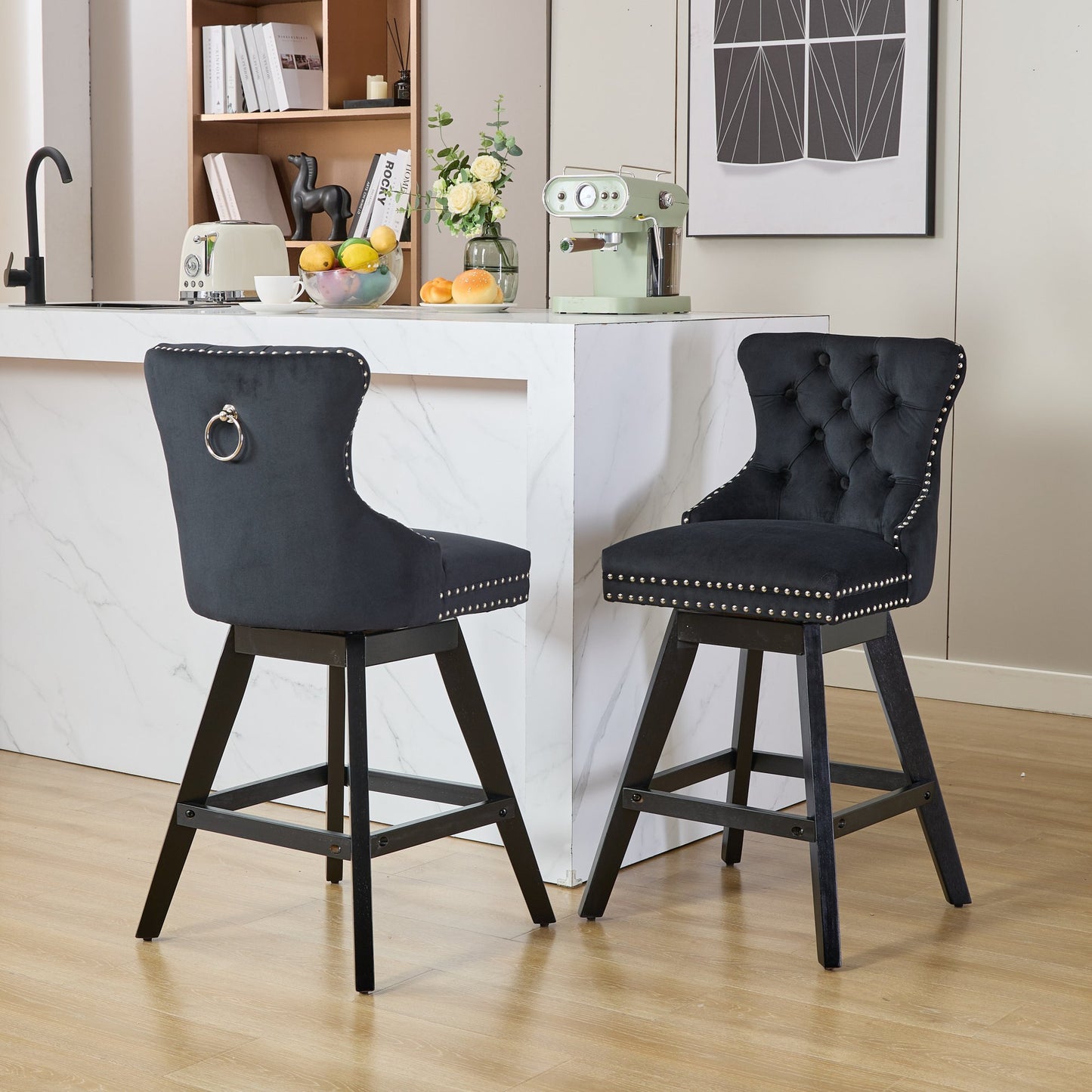 Swivel Velvet Barstools with Button Tufted Decoration, Wooden Legs, and Chrome Nailhead trim