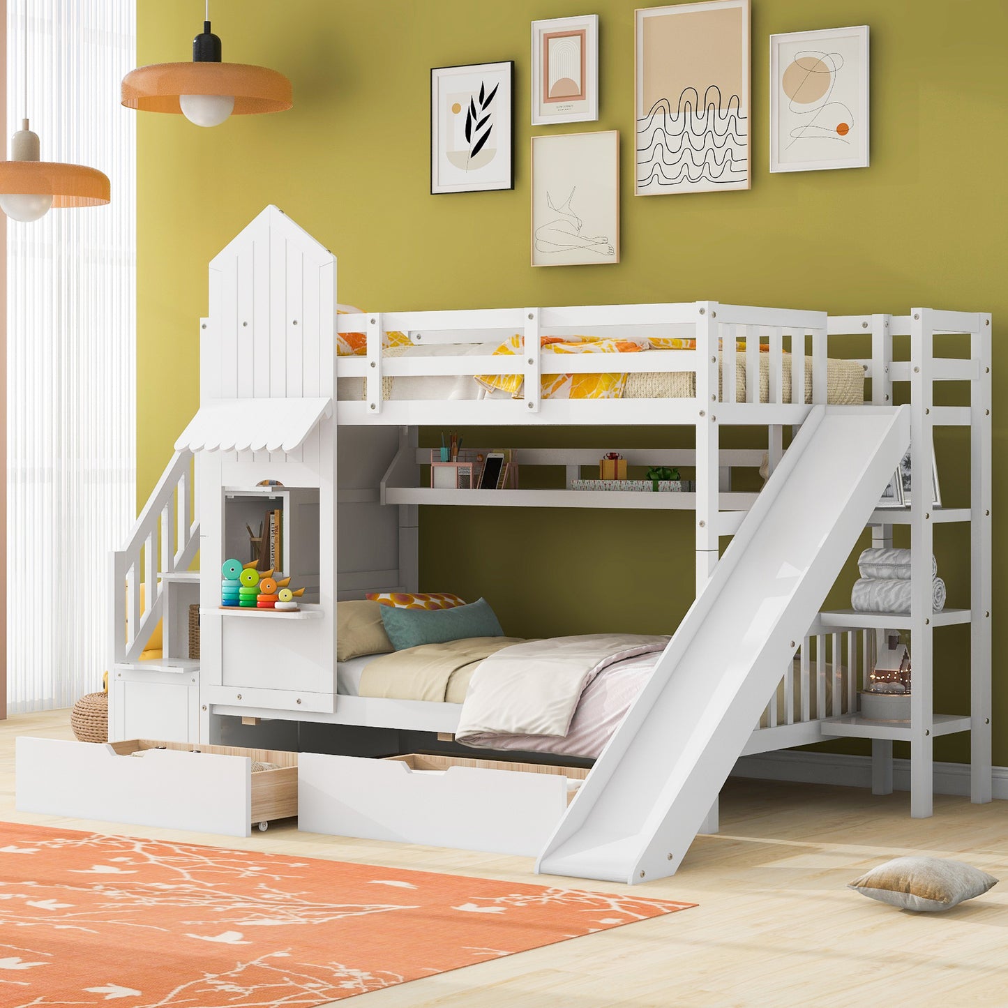 Twin-Over-Twin Castle Style Bunk Bed with 2 Drawers 3 Shelves