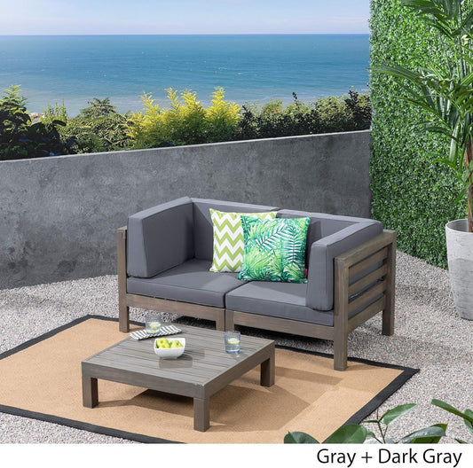 3-Piece Outdoor Loveseat Set with Coffee Table – Acacia Wood Patio Conversation Set with Water-Resistant Cushions