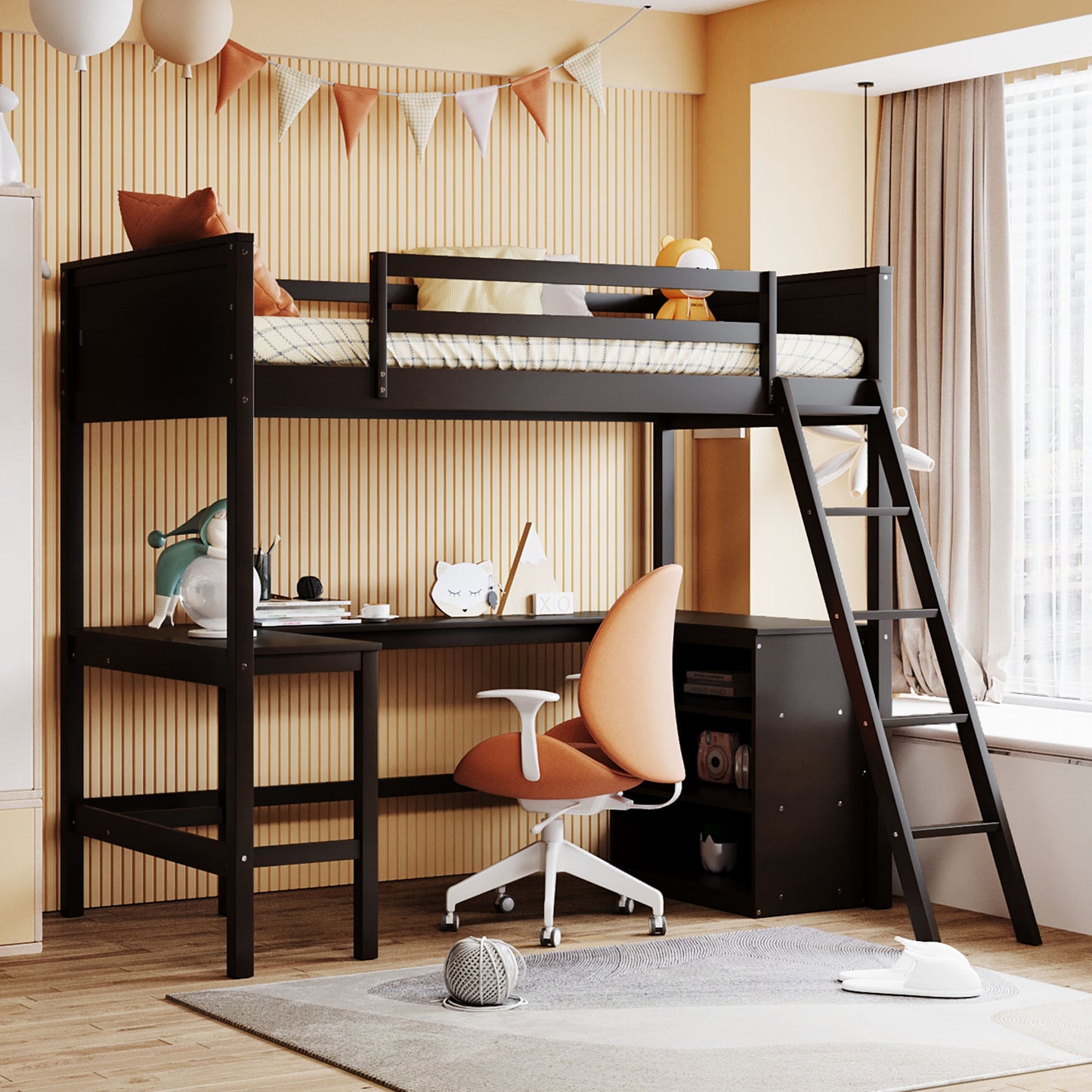 Twin size Loft Bed with Shelves and Desk, Wooden Loft Bed with Desk