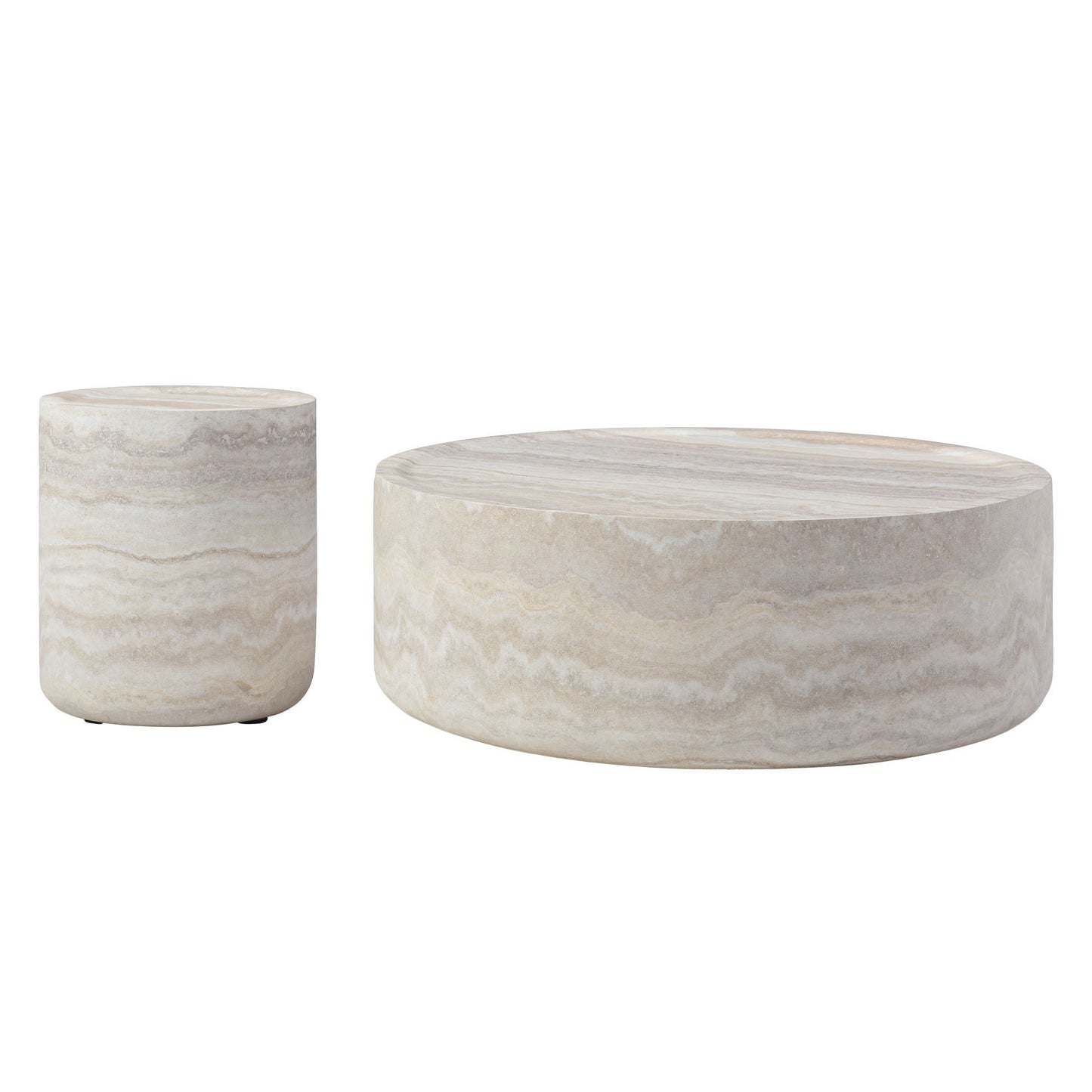 Set of 2 Faux MARS Pattern Coffee Tables side Table Round Tea Faux Travertine Textured  table for Living Room, No Need Assembly.