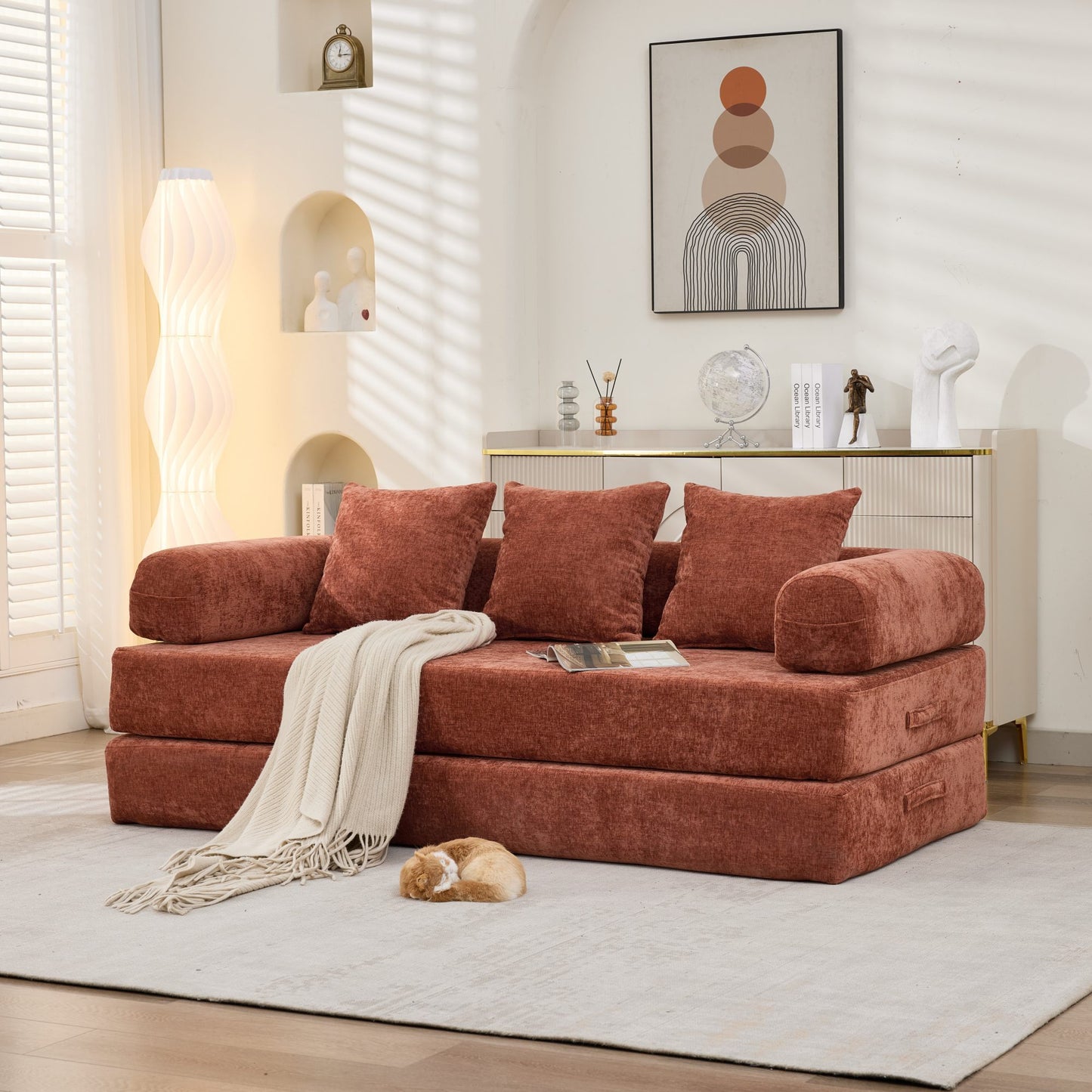 Comfy Convertible Folding Mattress Couch, Floor Sofa Bed, Chenille Floor Sofa with Armrest SF