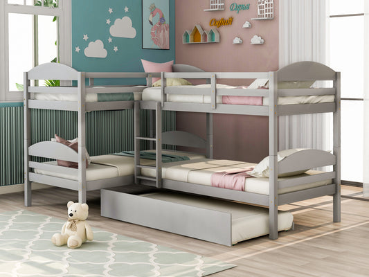 L-Shaped Bunk Bed, Twin Size, Solid Wood with Trundle for Shared Bedroom or Guest Room