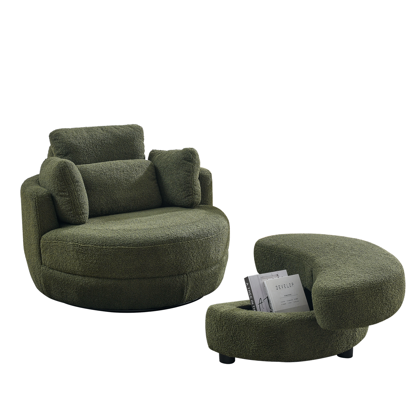 39"W Oversized Swivel Chair with moon storage ottoman for Living Room, Modern Accent Round Loveseat Circle Swivel Barrel Chairs for Bedroom Cuddle Sofa Chair Lounger Armchair, 4 Pillows, Teddy Fabric