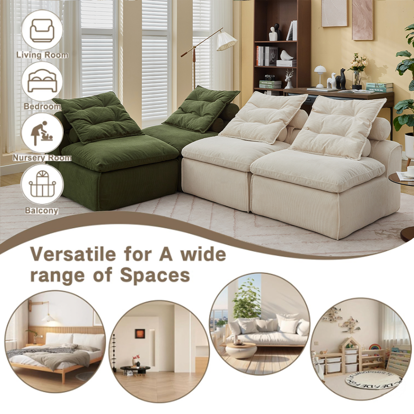 Modular Sofa,No Armrests,At will DIY,Corduroy ,Neck Pillow-Back Lounge Sofa Chair,Reading Nook, or Apartment Living, Lumbar Pillow,4 Seats,Upholstered,Beige,Green