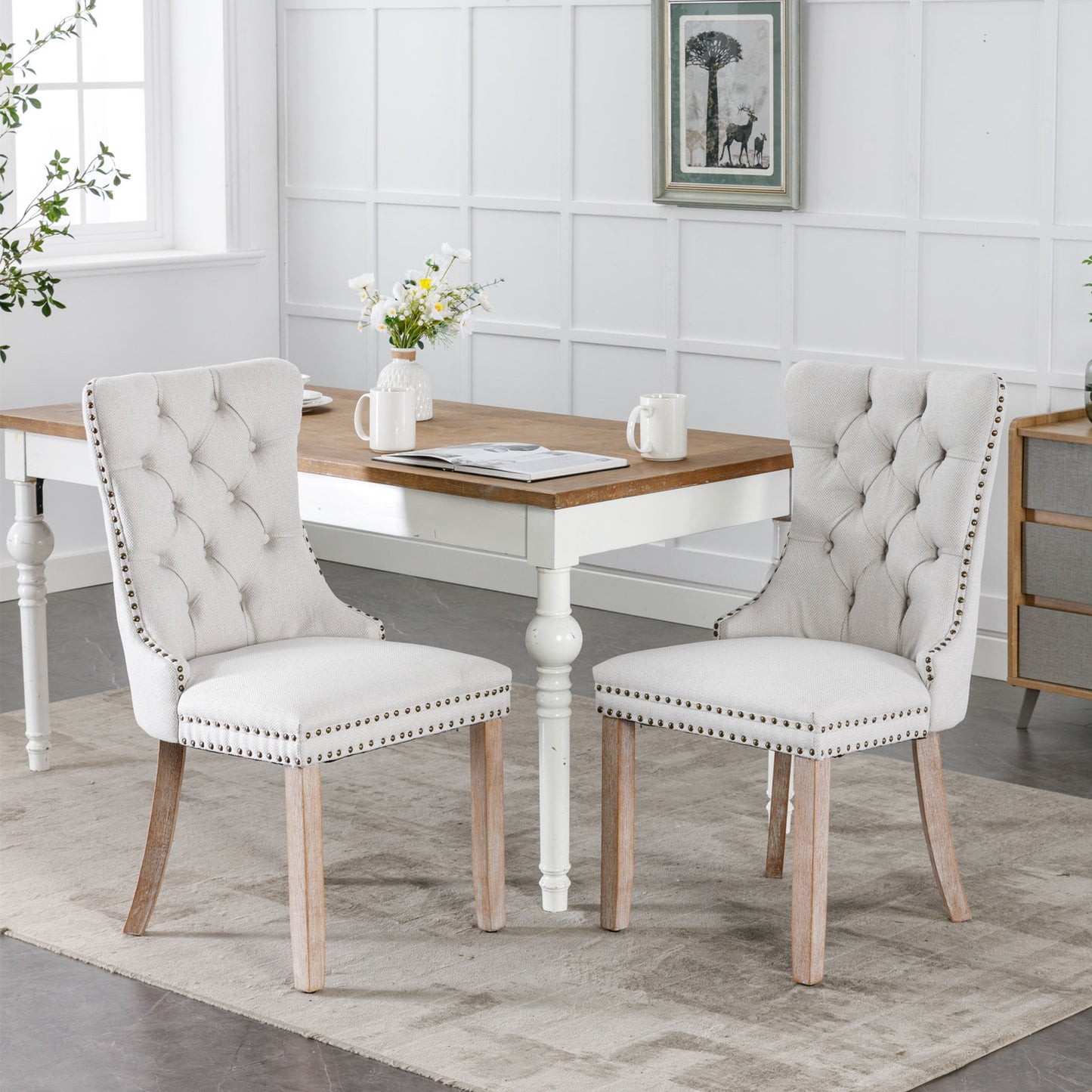 Nikki Collection Modern Tufted Solid Wood Upholstered Linen Dining Chair with Wood Legs