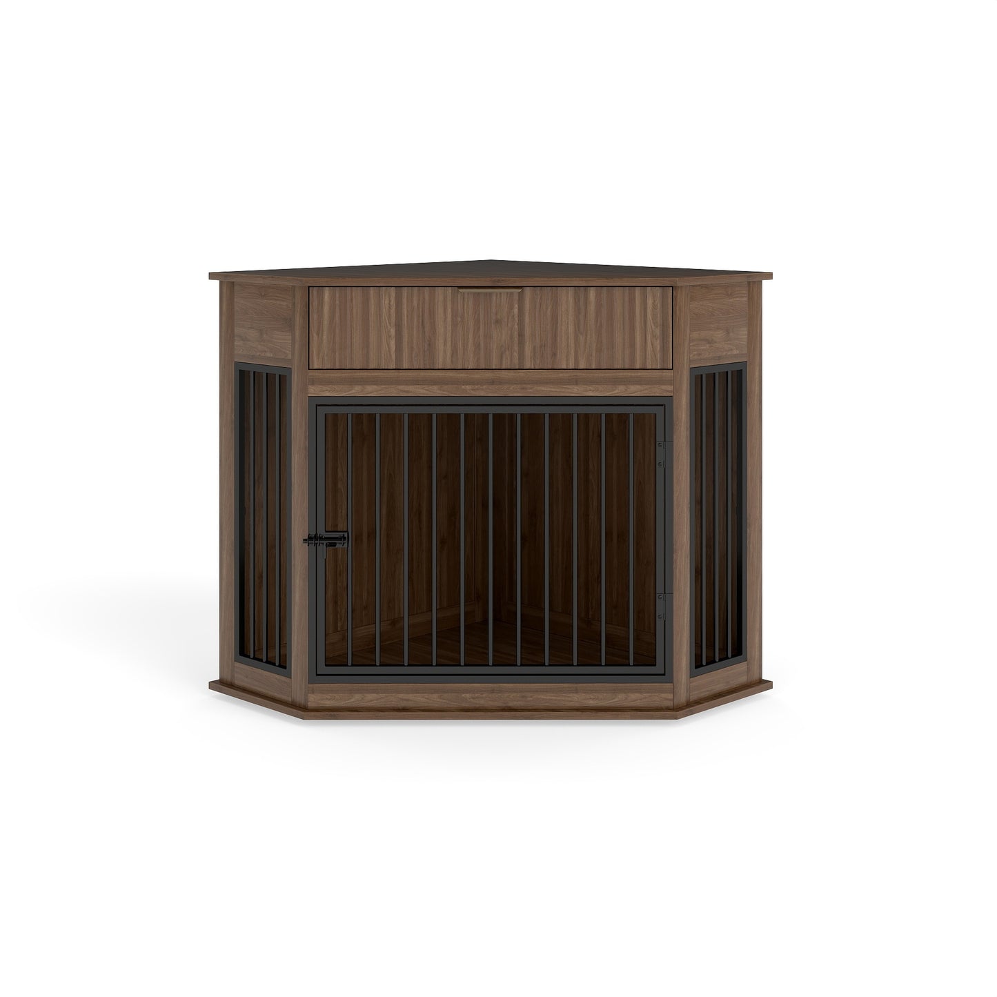 44.6" Corner Dog Crate Furniture with Fluted Drawer – MDF Wooden Dog Kennel End Table for Small & Medium Dogs