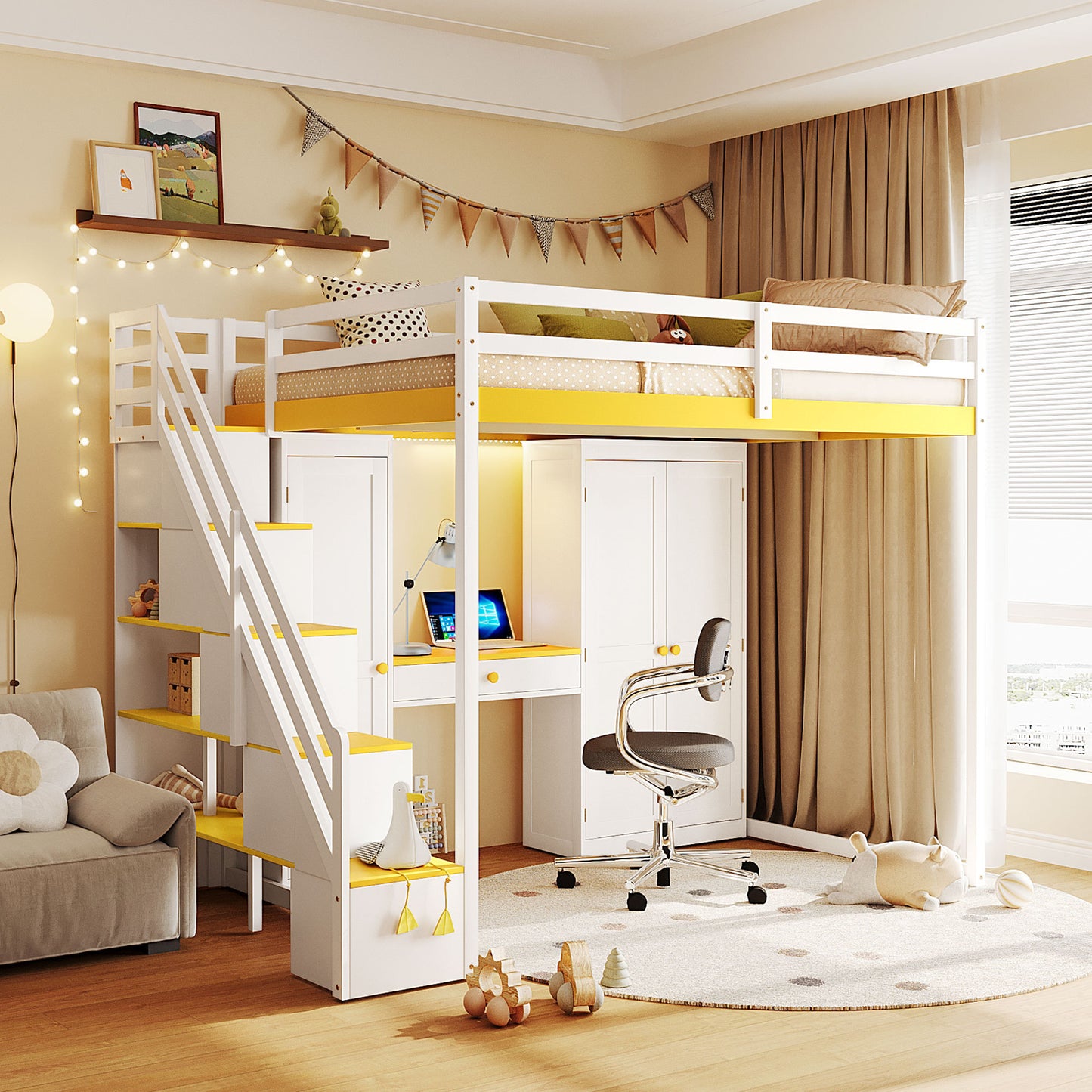Full Size Loft Bed with Storage Staircase, Dressing Table, Wardrobe & Cabinets, USB and Lights