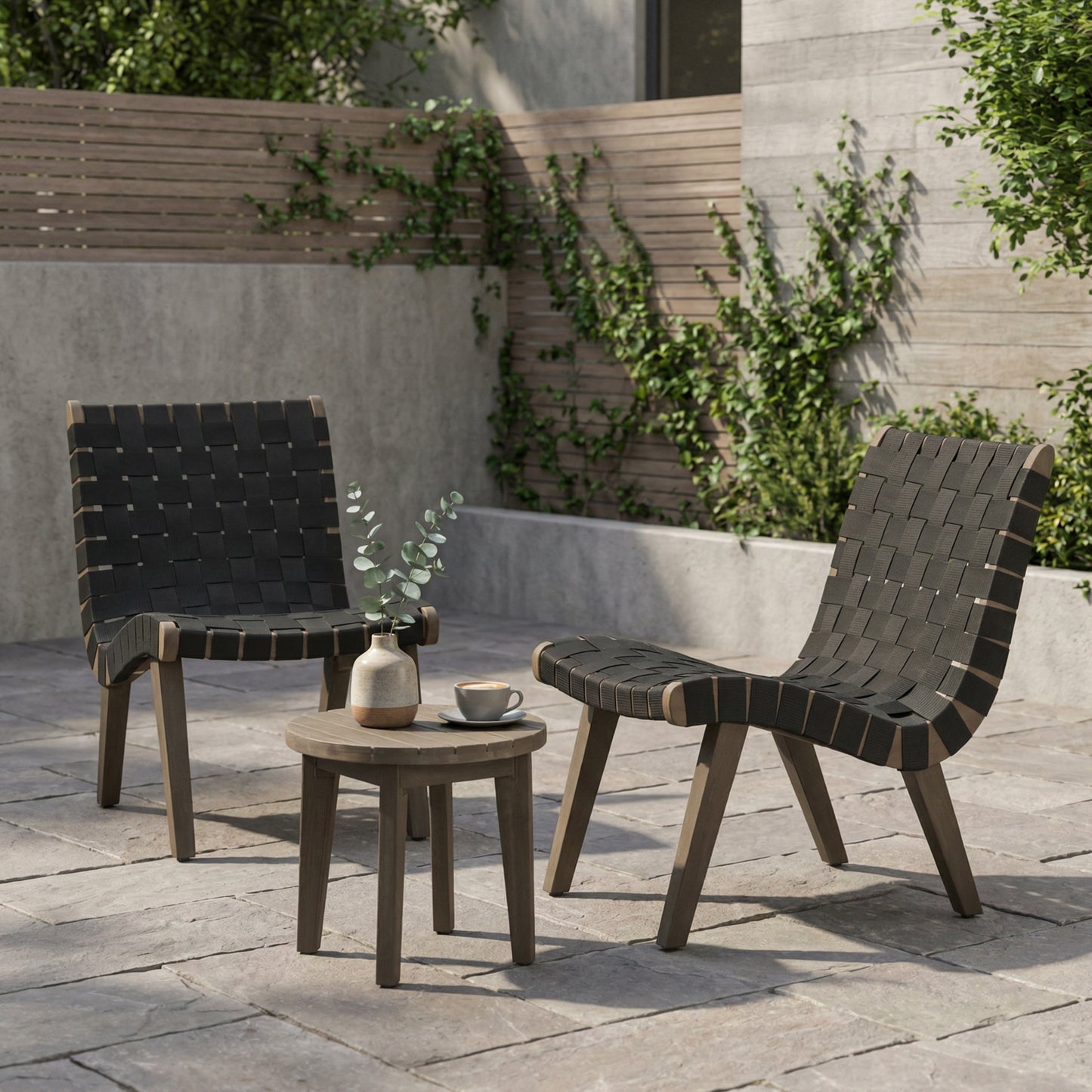Outdoor Acacia Wood 3-Piece Chat Set with Rope Weave Chairs – Transitional Patio Conversation Furniture Set